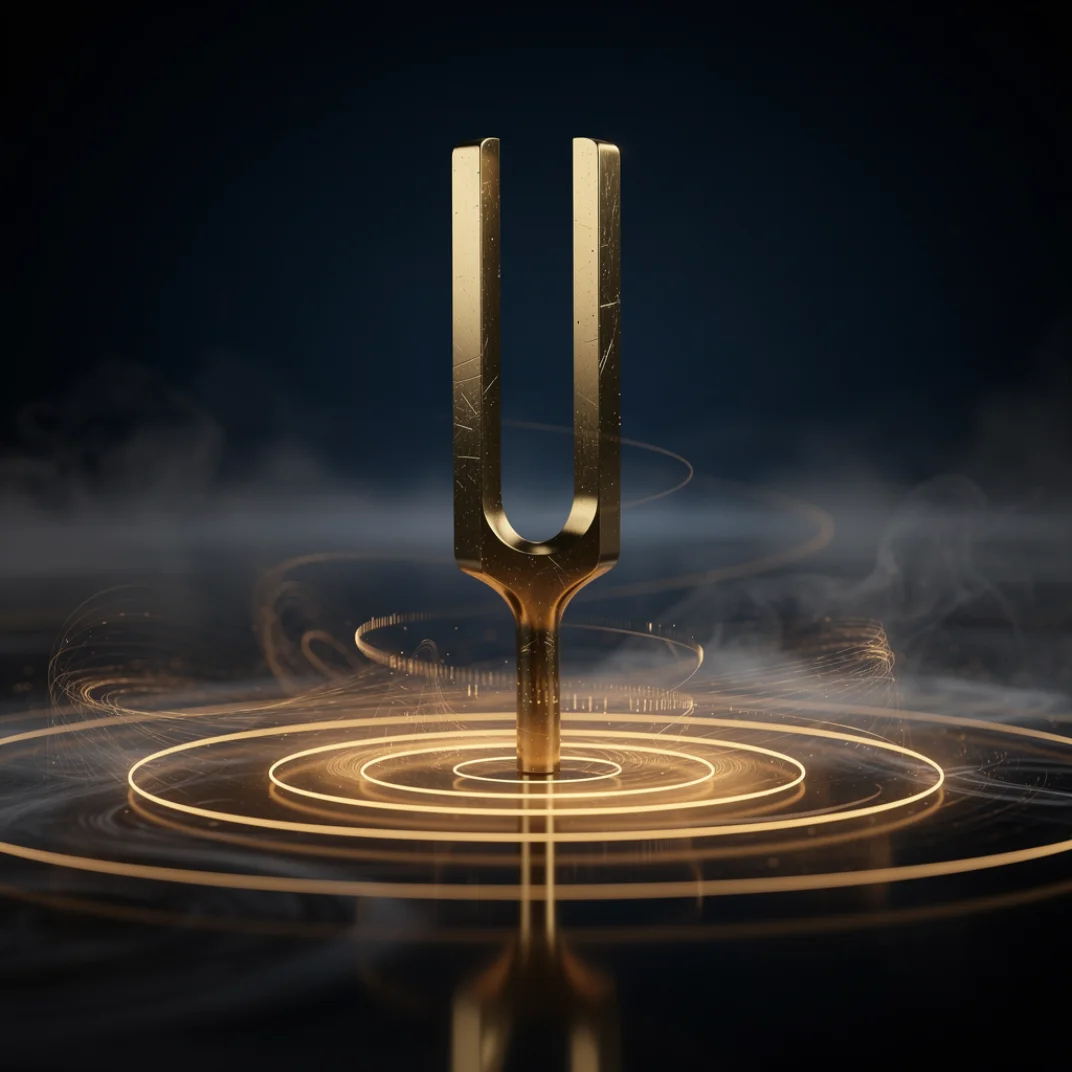A brass tuning fork resonating with golden rings